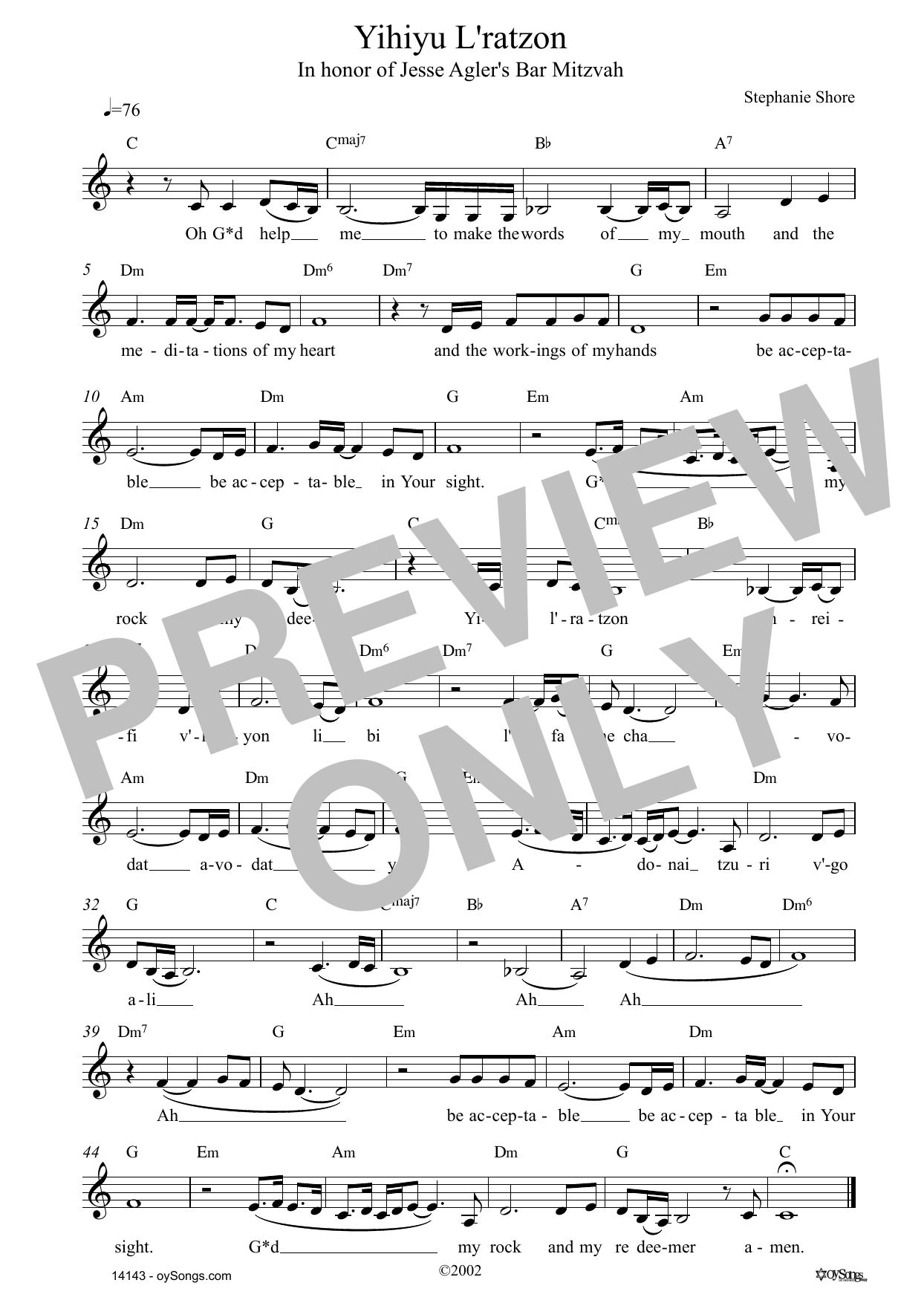 Download Stephanie Shore Yihiyu L'ratzon Sheet Music and learn how to play Lead Sheet / Fake Book PDF digital score in minutes