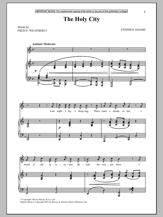 Download Stephen Adams The Holy City Sheet Music and learn how to play Piano & Vocal PDF digital score in minutes