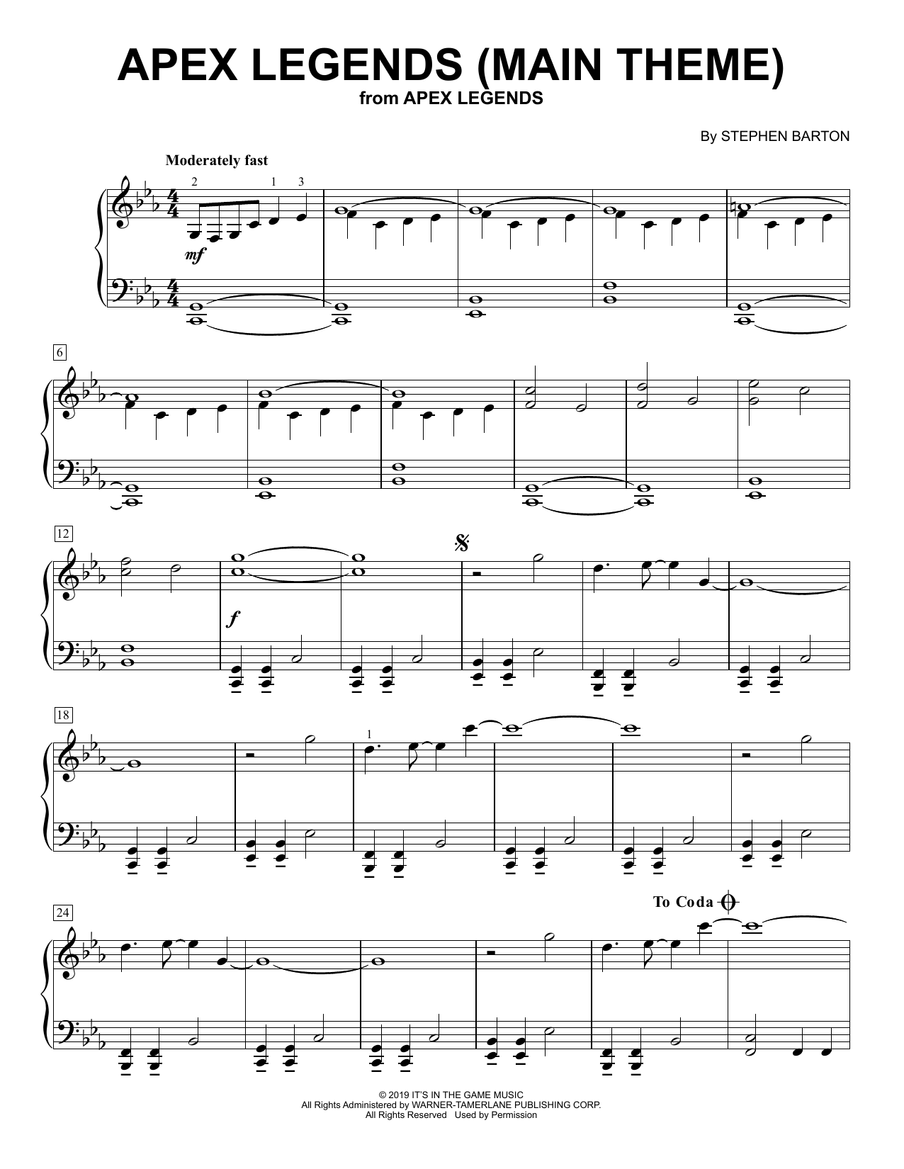 Download Stephen Barton Apex Legends (Main Theme) Sheet Music and learn how to play Easy Piano Solo PDF digital score in minutes