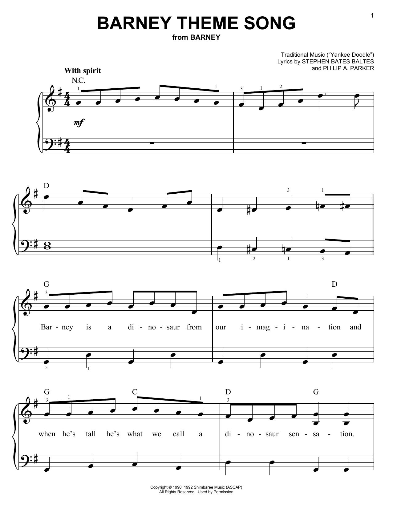 Download Stephen Bates Baltes and Philip A. Parker Barney Theme Song (from Barney) Sheet Music and learn how to play Easy Piano PDF digital score in minutes