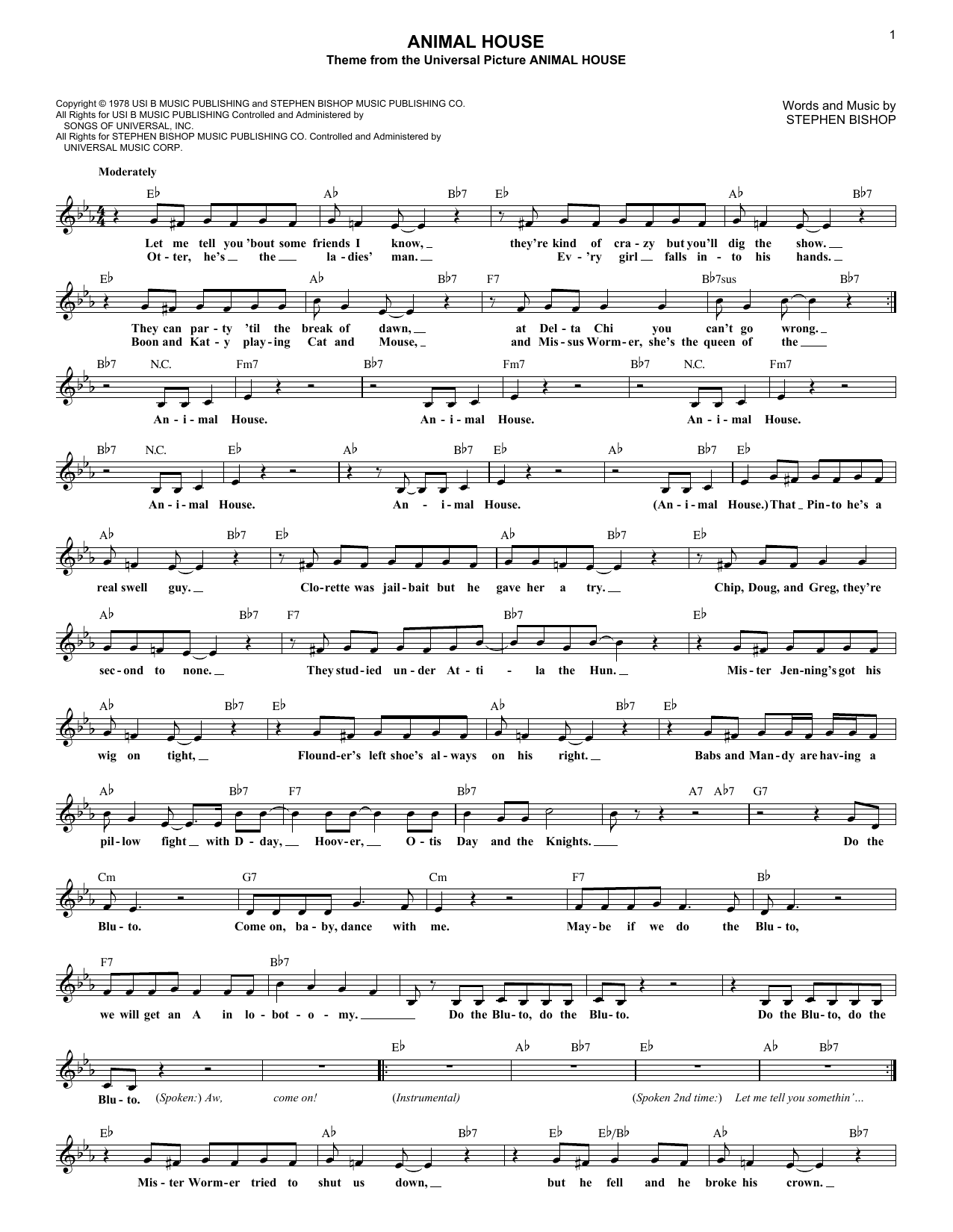 Download Stephen Bishop Animal House Sheet Music and learn how to play Melody Line, Lyrics & Chords PDF digital score in minutes