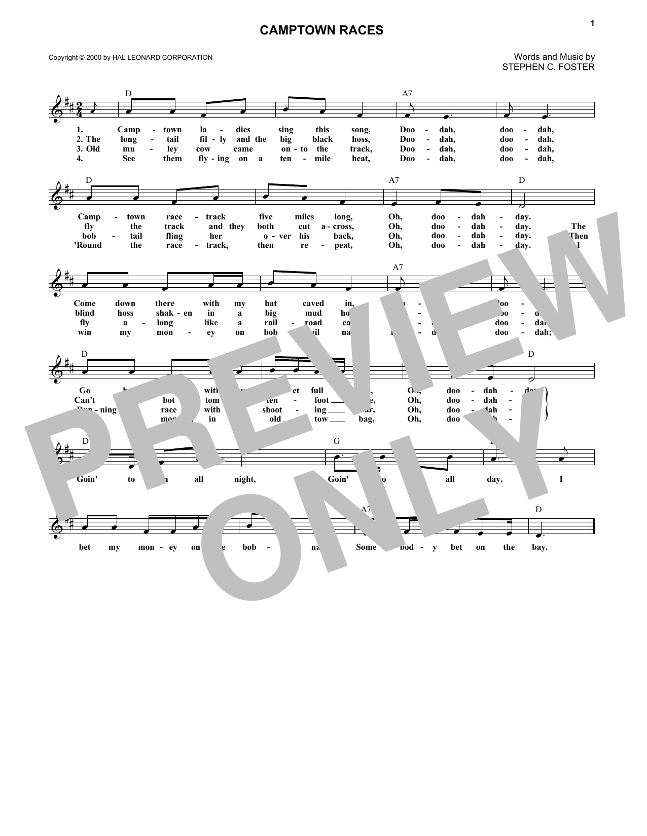 Download Stephen C. Foster Camptown Races Sheet Music and learn how to play Melody Line, Lyrics & Chords PDF digital score in minutes