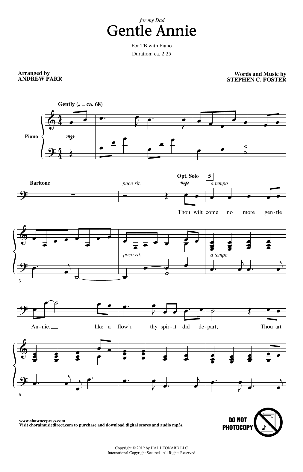 Download Stephen C. Foster Gentle Annie (arr. Andrew Parr) Sheet Music and learn how to play TB Choir PDF digital score in minutes