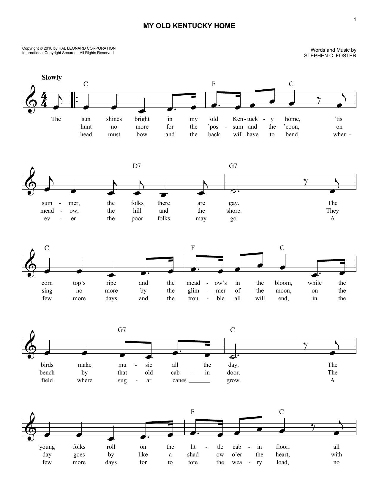 Download Stephen C. Foster My Old Kentucky Home Sheet Music and learn how to play Very Easy Piano PDF digital score in minutes