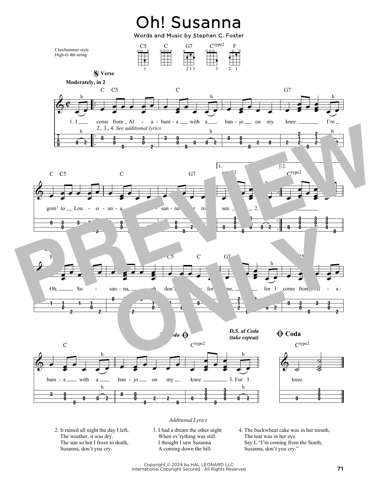 Download Stephen C. Foster Oh! Susanna (arr. Jim Schustedt) Sheet Music and learn how to play Ukulele PDF digital score in minutes