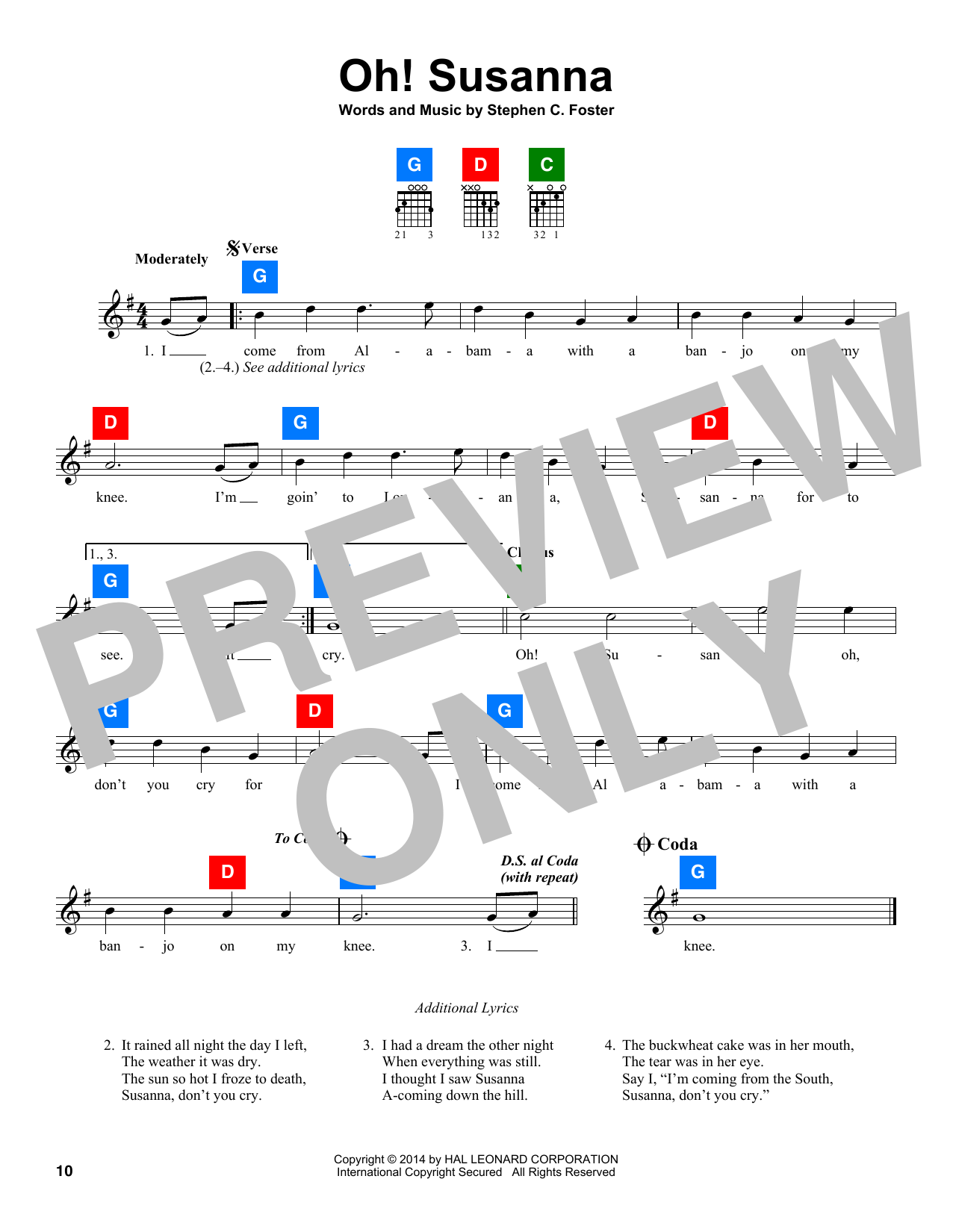 Download Stephen C. Foster Oh! Susanna Sheet Music and learn how to play Piano, Vocal & Guitar Chords (Right-Hand Melody) PDF digital score in minutes