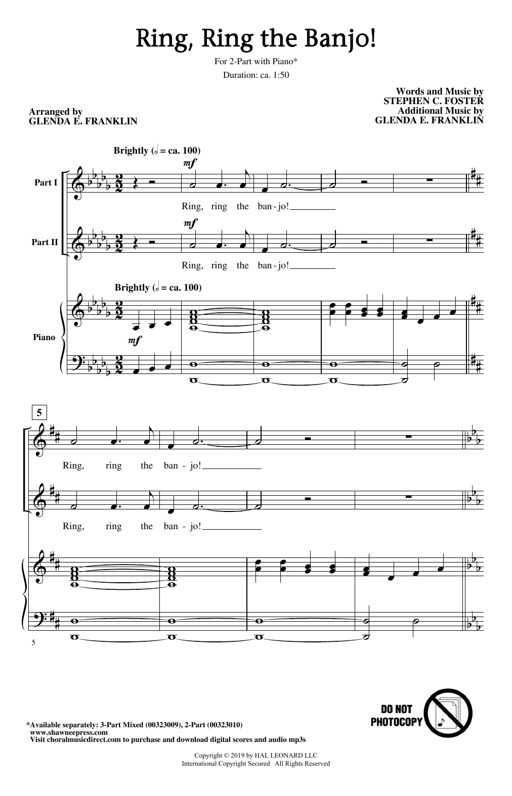 Download Stephen C. Foster Ring, Ring The Banjo! (arr. Glenda E. Franklin) Sheet Music and learn how to play 3-Part Mixed Choir PDF digital score in minutes