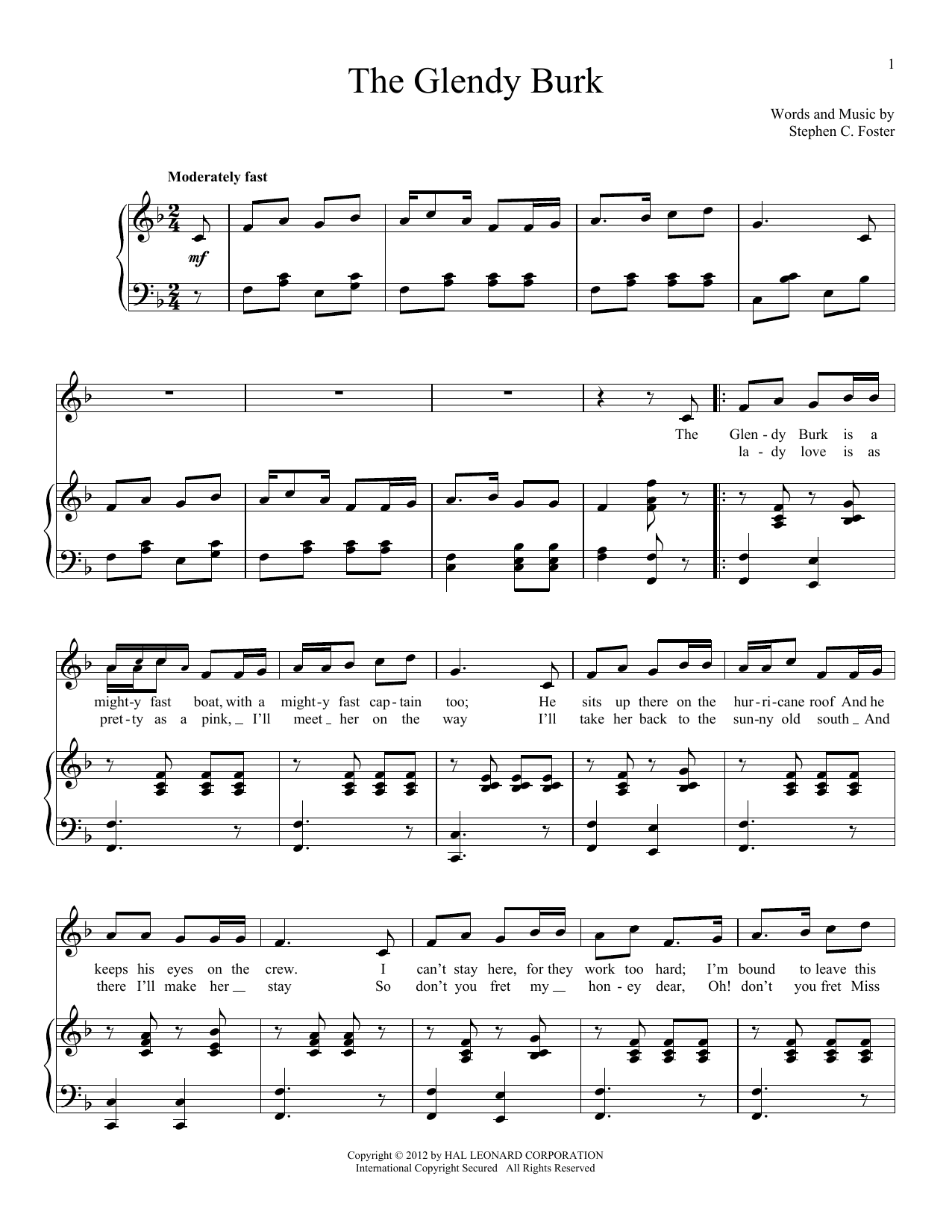 Download Stephen C. Foster The Glendy Burk Sheet Music and learn how to play Piano, Vocal & Guitar Chords (Right-Hand Melody) PDF digital score in minutes