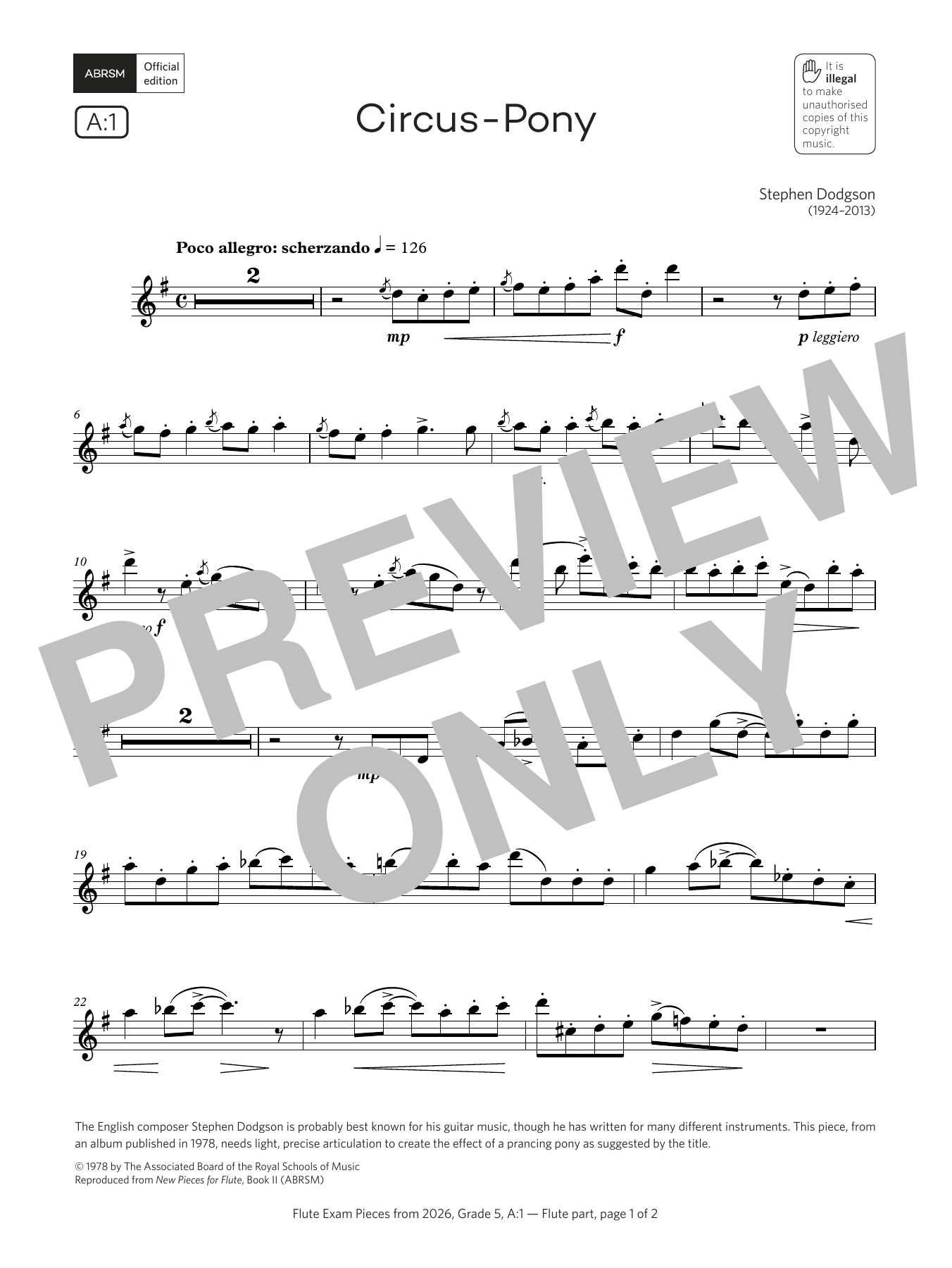 Download Stephen Dodgson Circus-Pony (Grade 5, list A1, from the ABRSM Flute Syllabus from 2026) Sheet Music and learn how to play Flute Solo PDF digital score in minutes