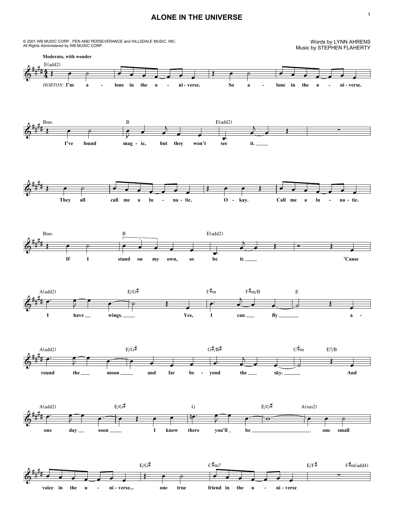Download Stephen Flaherty Alone In The Universe Sheet Music and learn how to play Melody Line, Lyrics & Chords PDF digital score in minutes