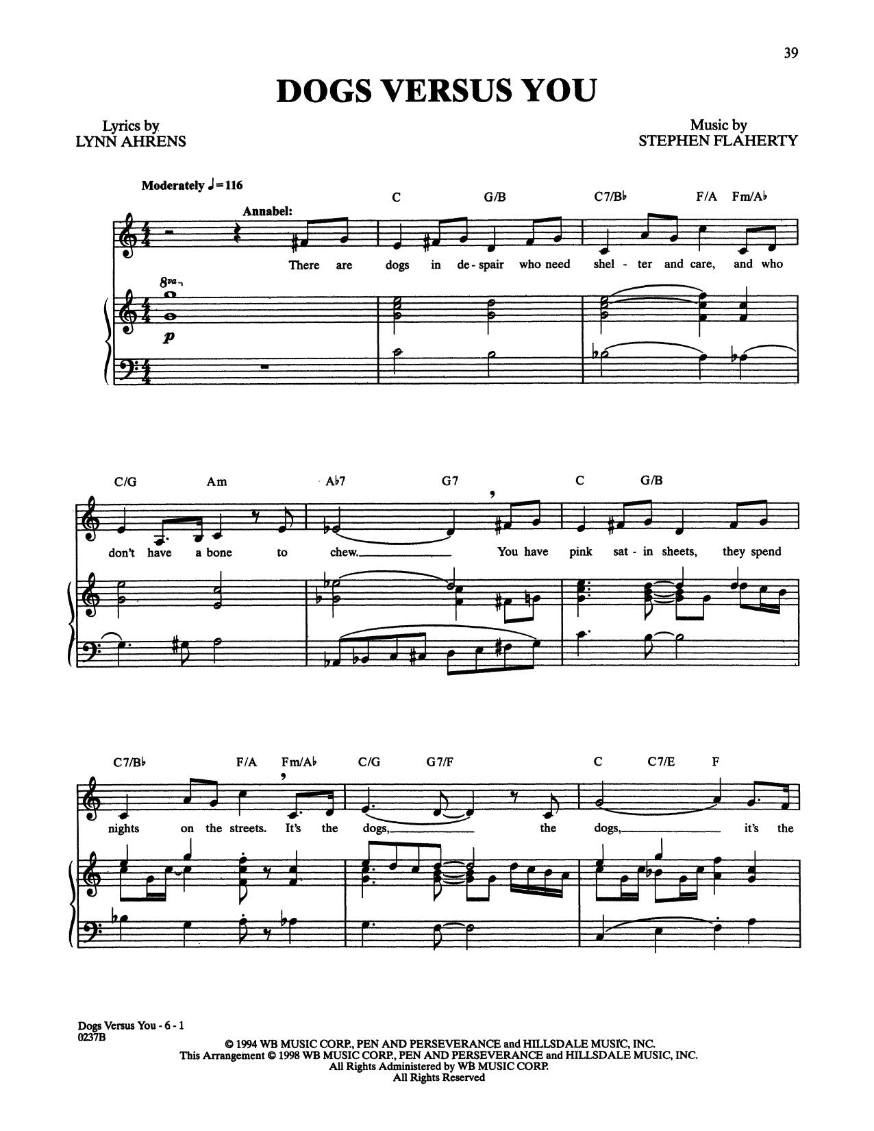 Download Stephen Flaherty and Lynn Ahrens Dogs Versus You (from Lucky Stiff) Sheet Music and learn how to play Piano & Vocal PDF digital score in minutes