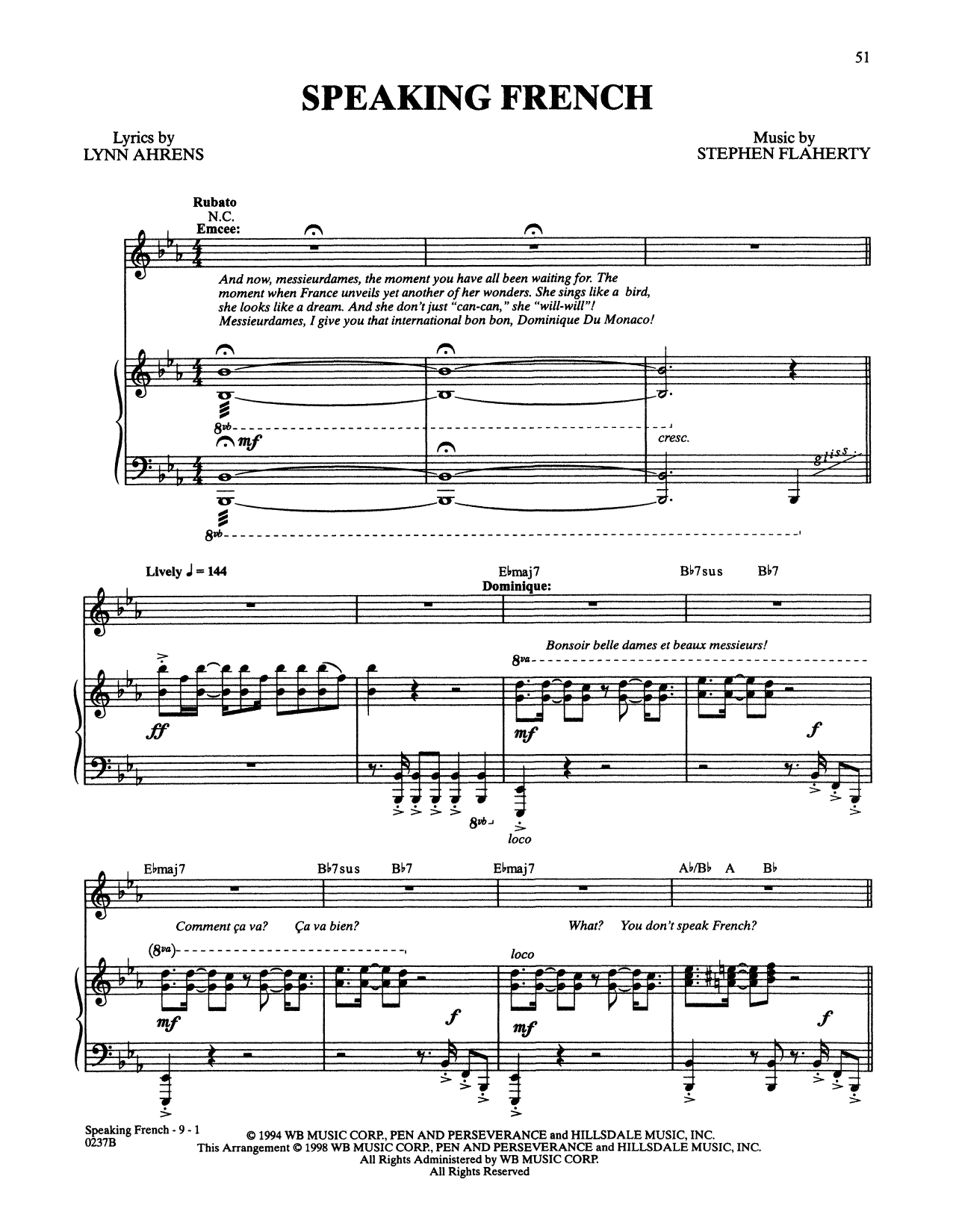 Download Stephen Flaherty and Lynn Ahrens Speaking French (from Lucky Stiff) Sheet Music and learn how to play Piano & Vocal PDF digital score in minutes