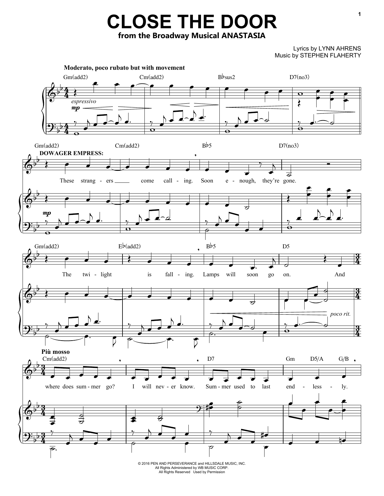 Download Stephen Flaherty Close The Door Sheet Music and learn how to play Easy Piano PDF digital score in minutes