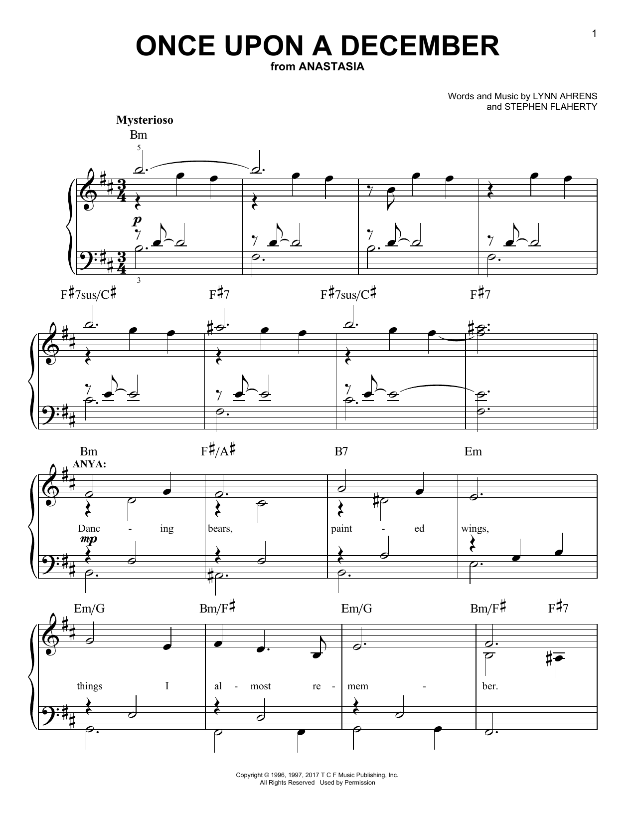 Download Stephen Flaherty Once Upon A December (from Anastasia) Sheet Music and learn how to play Very Easy Piano PDF digital score in minutes