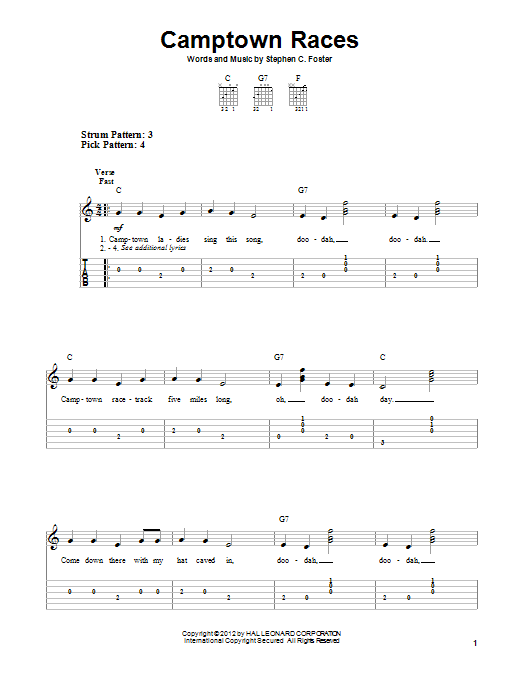Download Stephen Foster Camptown Races Sheet Music and learn how to play Easy Guitar Tab PDF digital score in minutes