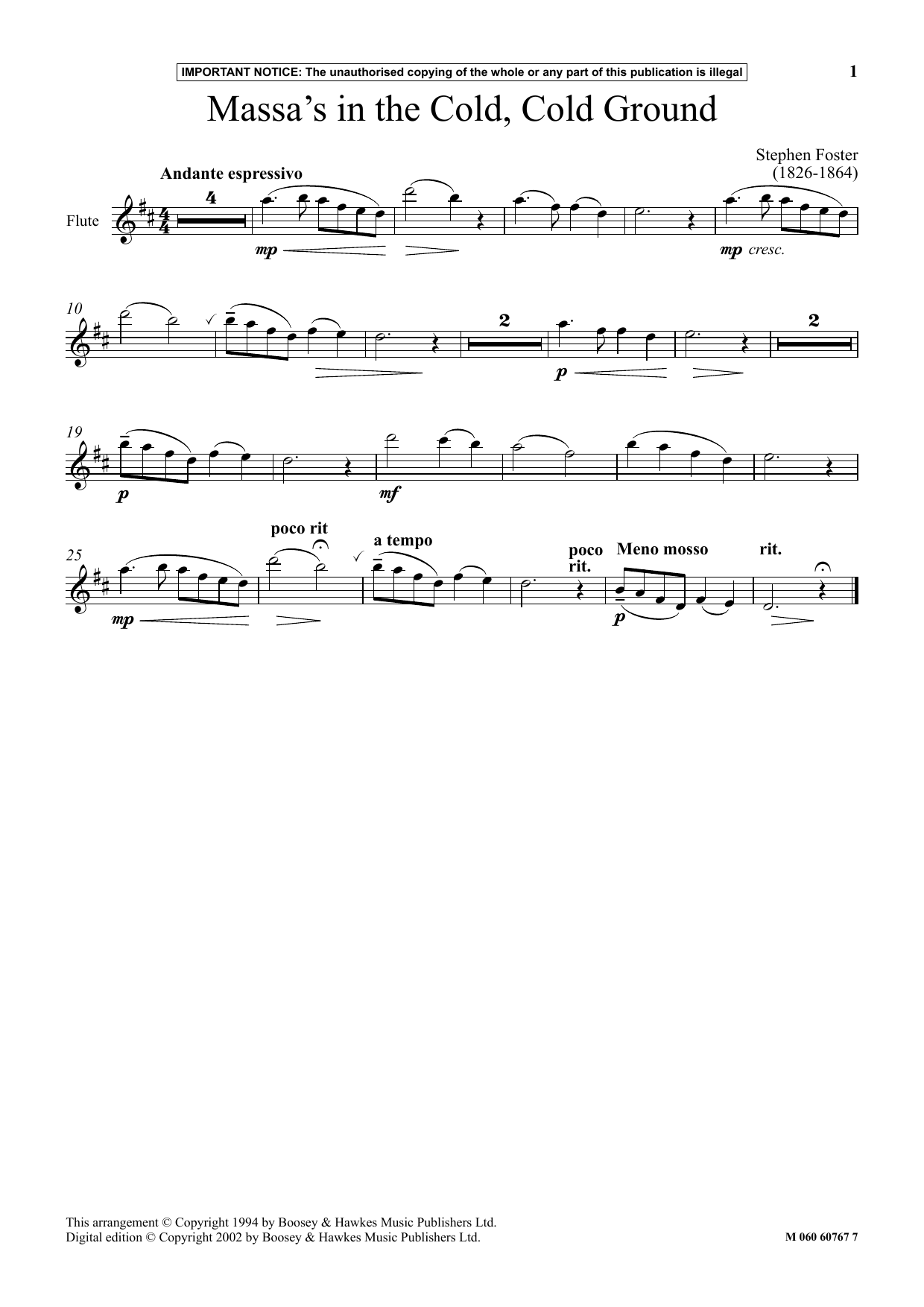 Download Stephen Foster Massa's In The Cold, Cold Ground Sheet Music and learn how to play Instrumental Solo PDF digital score in minutes