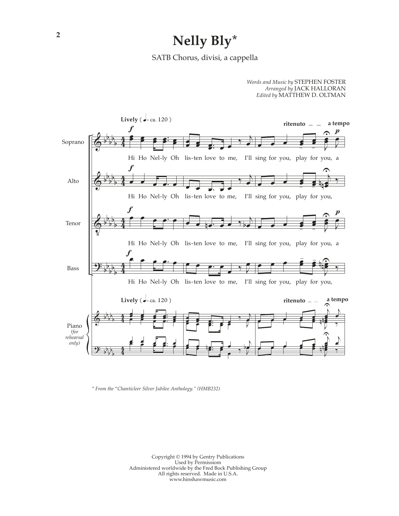 Download Stephen Foster Nelly Bly (arr. Jack Hallaran) Sheet Music and learn how to play SATB Choir PDF digital score in minutes