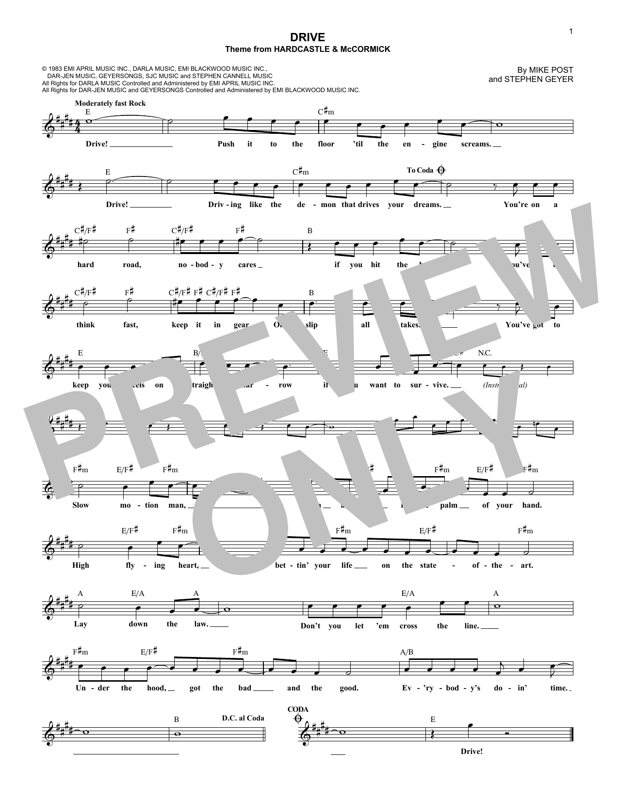 Download Stephen Geyer Drive (from Hardcastle and McCormick) Sheet Music and learn how to play Melody Line, Lyrics & Chords PDF digital score in minutes