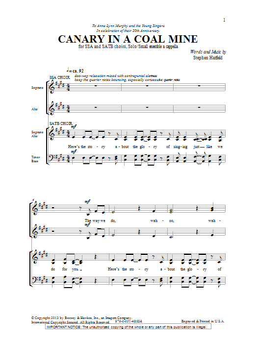 Download Stephen Hatfield Canary In A Coal Mine Sheet Music and learn how to play SSA, SATB PDF digital score in minutes