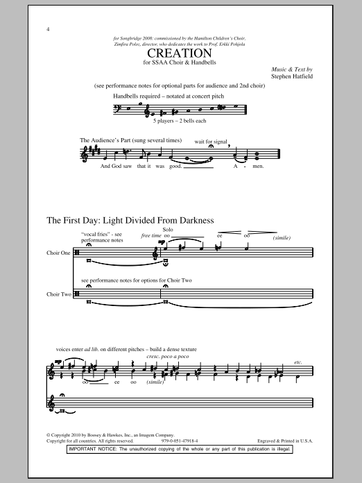 Download Stephen Hatfield Creation Sheet Music and learn how to play SSA PDF digital score in minutes