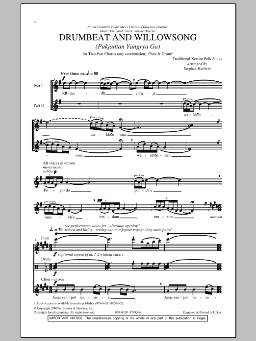 Download Stephen Hatfield Drumbeat And Willowsong (Pukjantan Yangryu Ga) Sheet Music and learn how to play 2-Part Choir PDF digital score in minutes
