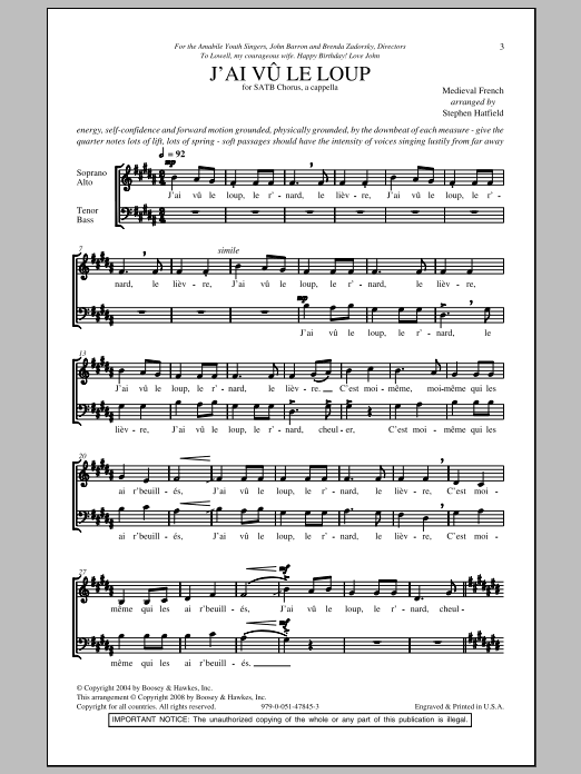 Download Stephen Hatfield J'ai Vu Le Loup Sheet Music and learn how to play SATB PDF digital score in minutes