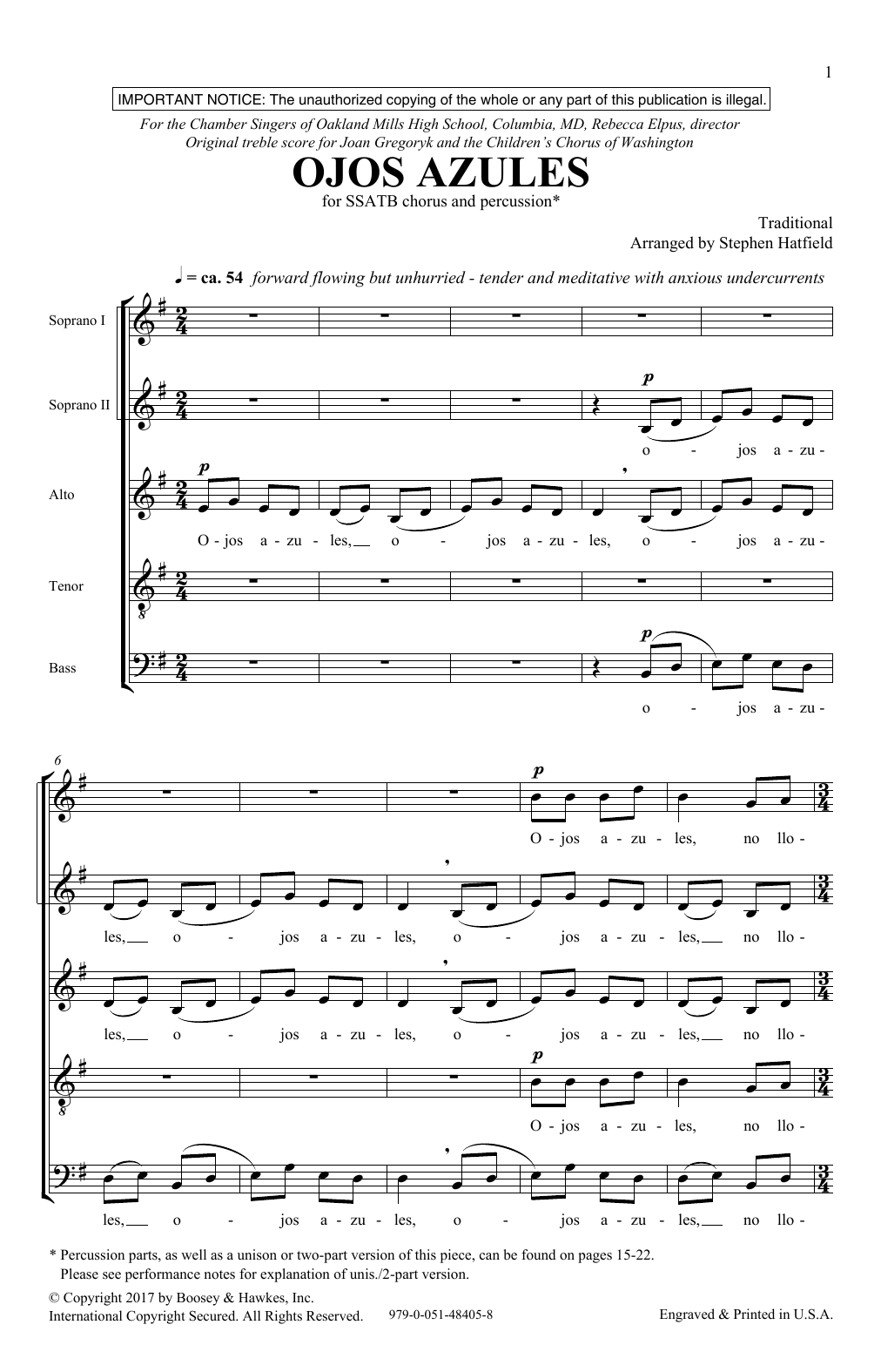 Download Stephen Hatfield Ojos Azulas Sheet Music and learn how to play SATB Choir PDF digital score in minutes