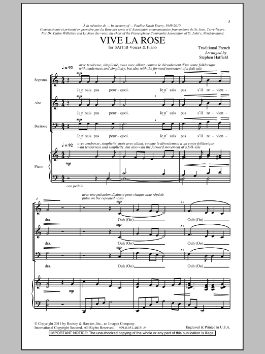 Download Stephen Hatfield Vive La Rose Sheet Music and learn how to play SSA PDF digital score in minutes