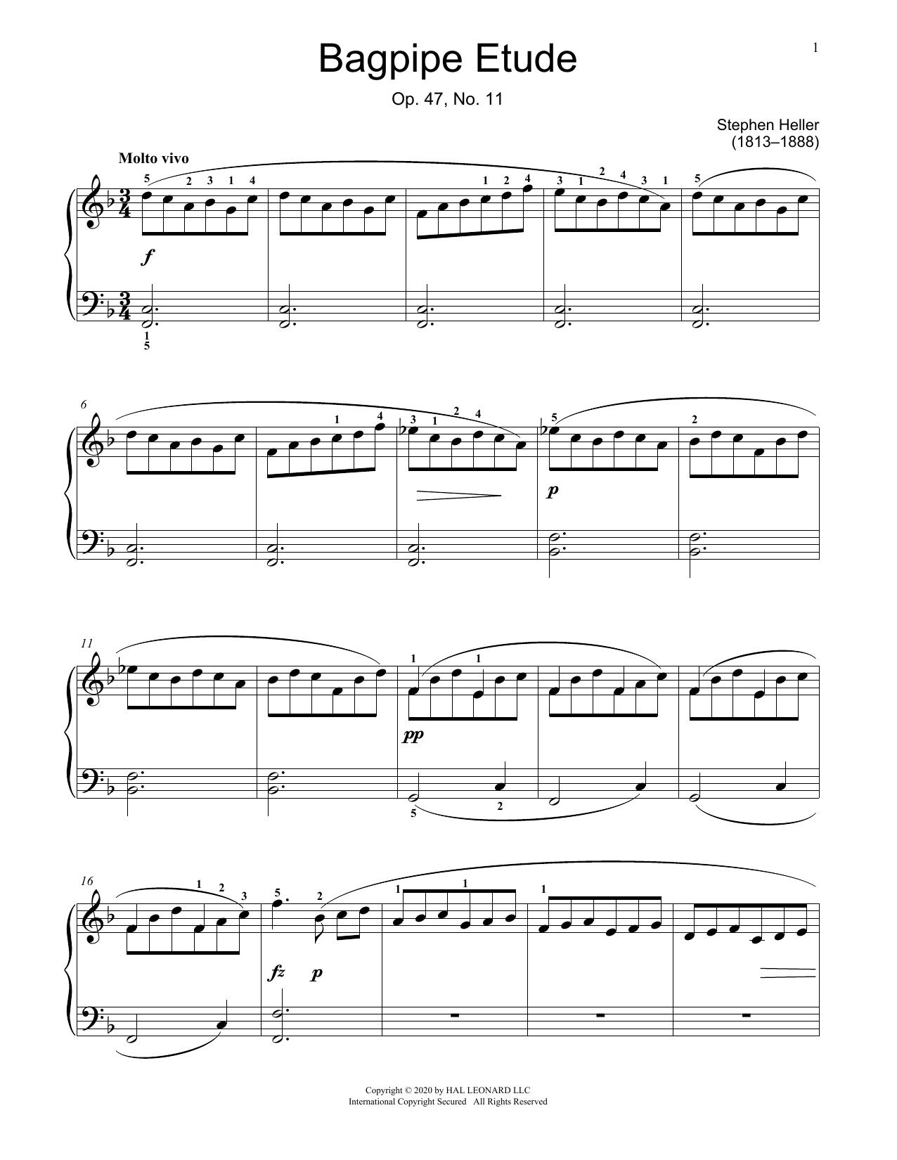 Download Stephen Heller Bagpipe Etude, Op. 47, No. 11 Sheet Music and learn how to play Educational Piano PDF digital score in minutes