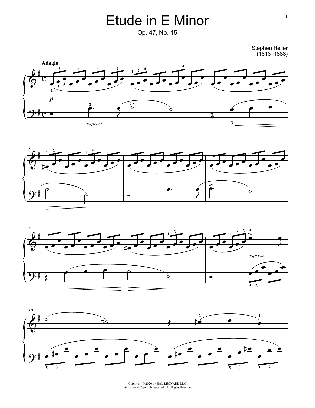 Download Stephen Heller Etude In E Minor, Op. 47, No. 15 Sheet Music and learn how to play Educational Piano PDF digital score in minutes