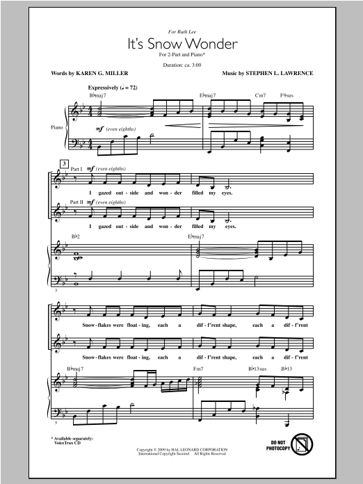 Download Stephen Lawrence It's Snow Wonder Sheet Music and learn how to play 2-Part Choir PDF digital score in minutes
