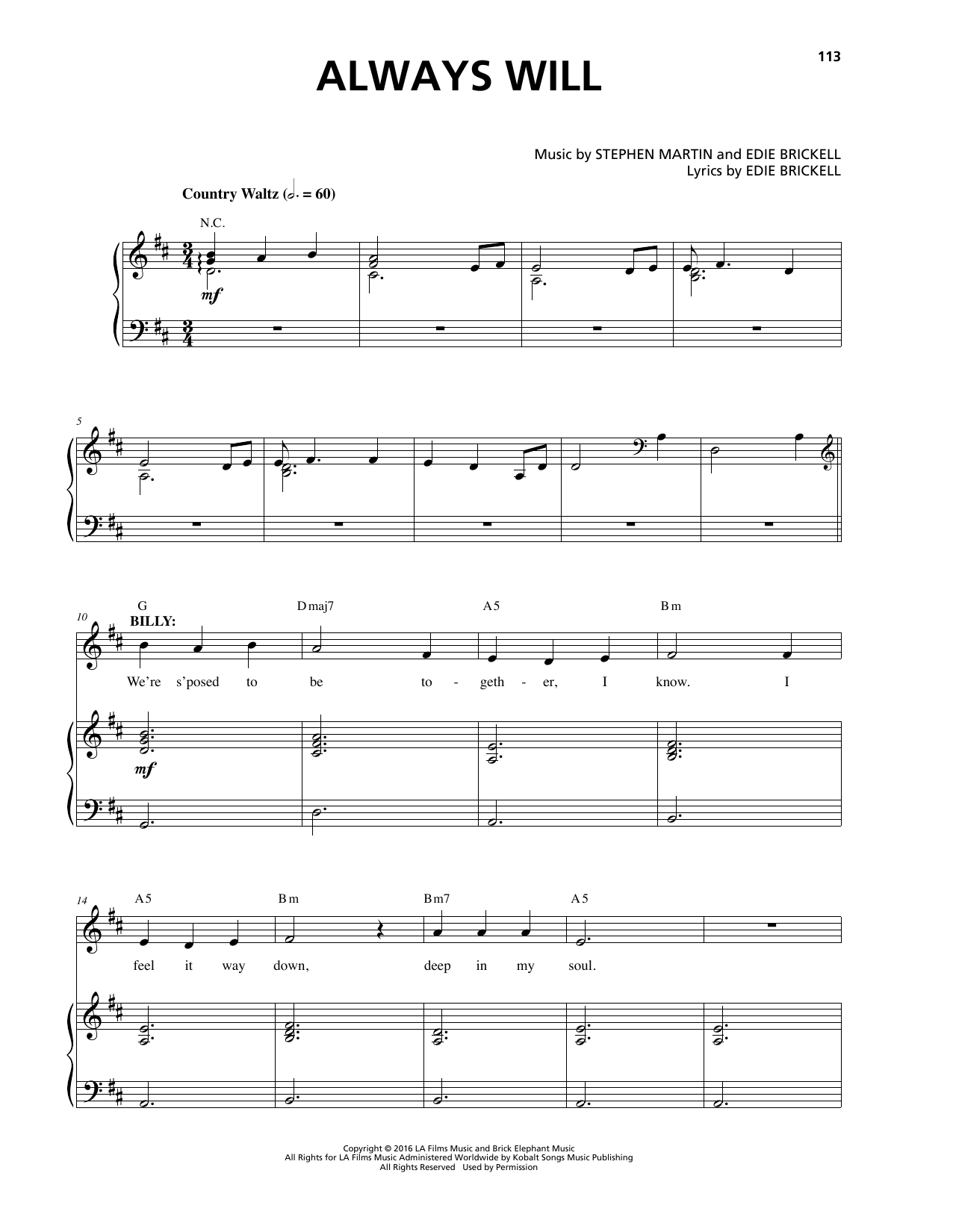 Download Stephen Martin & Edie Brickell Always Will Sheet Music and learn how to play Piano & Vocal PDF digital score in minutes