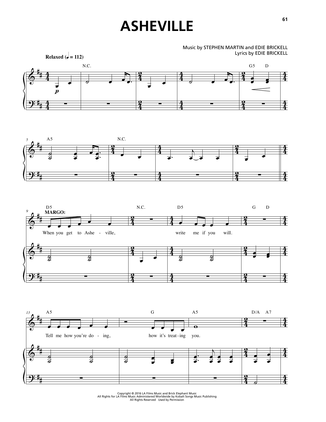 Download Stephen Martin & Edie Brickell Asheville Sheet Music and learn how to play Piano & Vocal PDF digital score in minutes