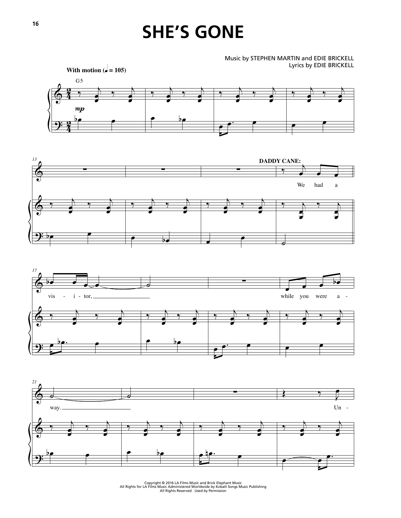 Download Stephen Martin & Edie Brickell She's Gone Sheet Music and learn how to play Piano & Vocal PDF digital score in minutes