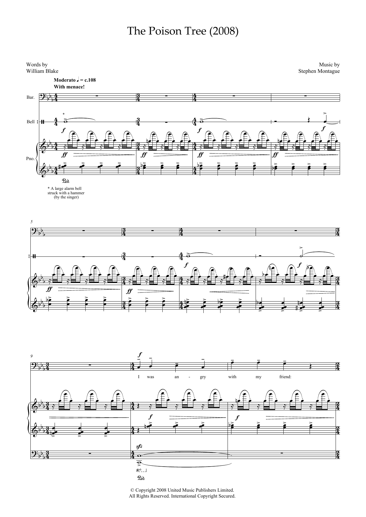 Download Stephen Montague The Poison Tree (for baritone, piano & bell) Sheet Music and learn how to play Piano & Vocal PDF digital score in minutes