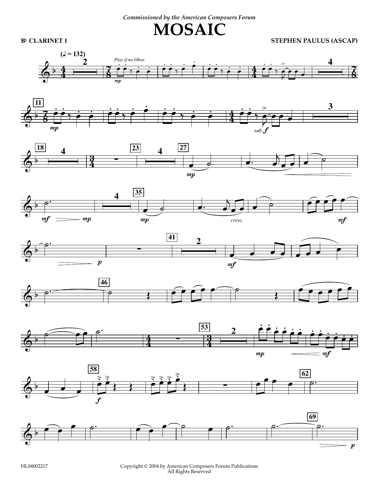 Download Stephen Paulus Mosaic - Bb Clarinet 1 Sheet Music and learn how to play Concert Band PDF digital score in minutes