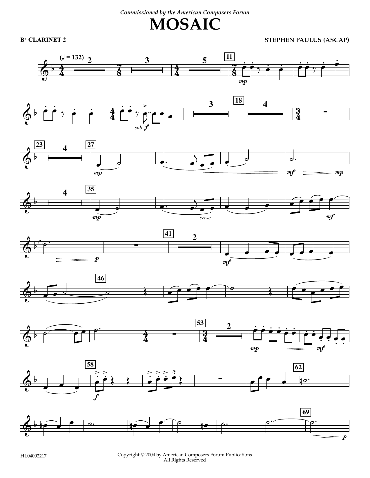 Download Stephen Paulus Mosaic - Bb Clarinet 2 Sheet Music and learn how to play Concert Band PDF digital score in minutes