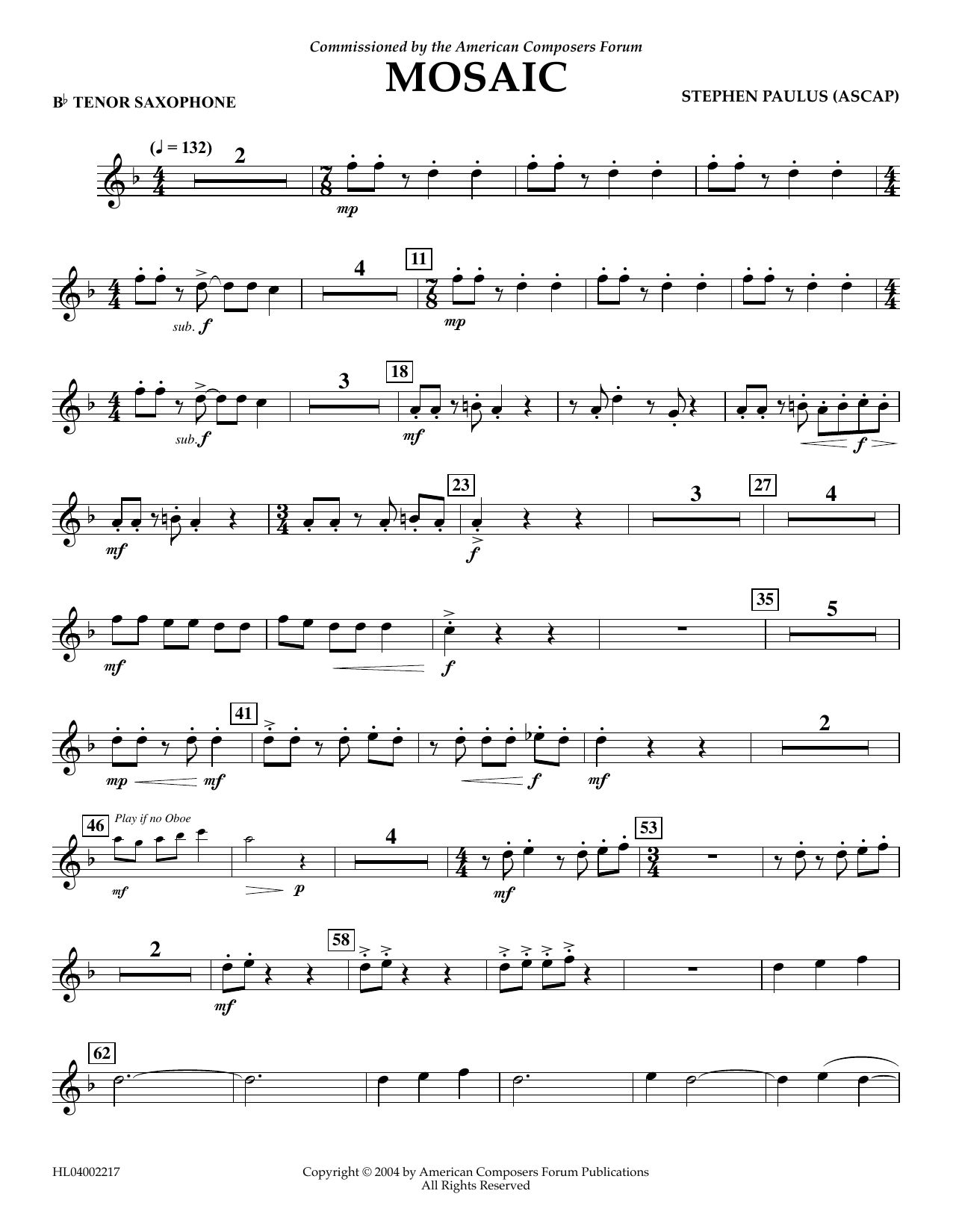 Download Stephen Paulus Mosaic - Bb Tenor Saxophone Sheet Music and learn how to play Concert Band PDF digital score in minutes