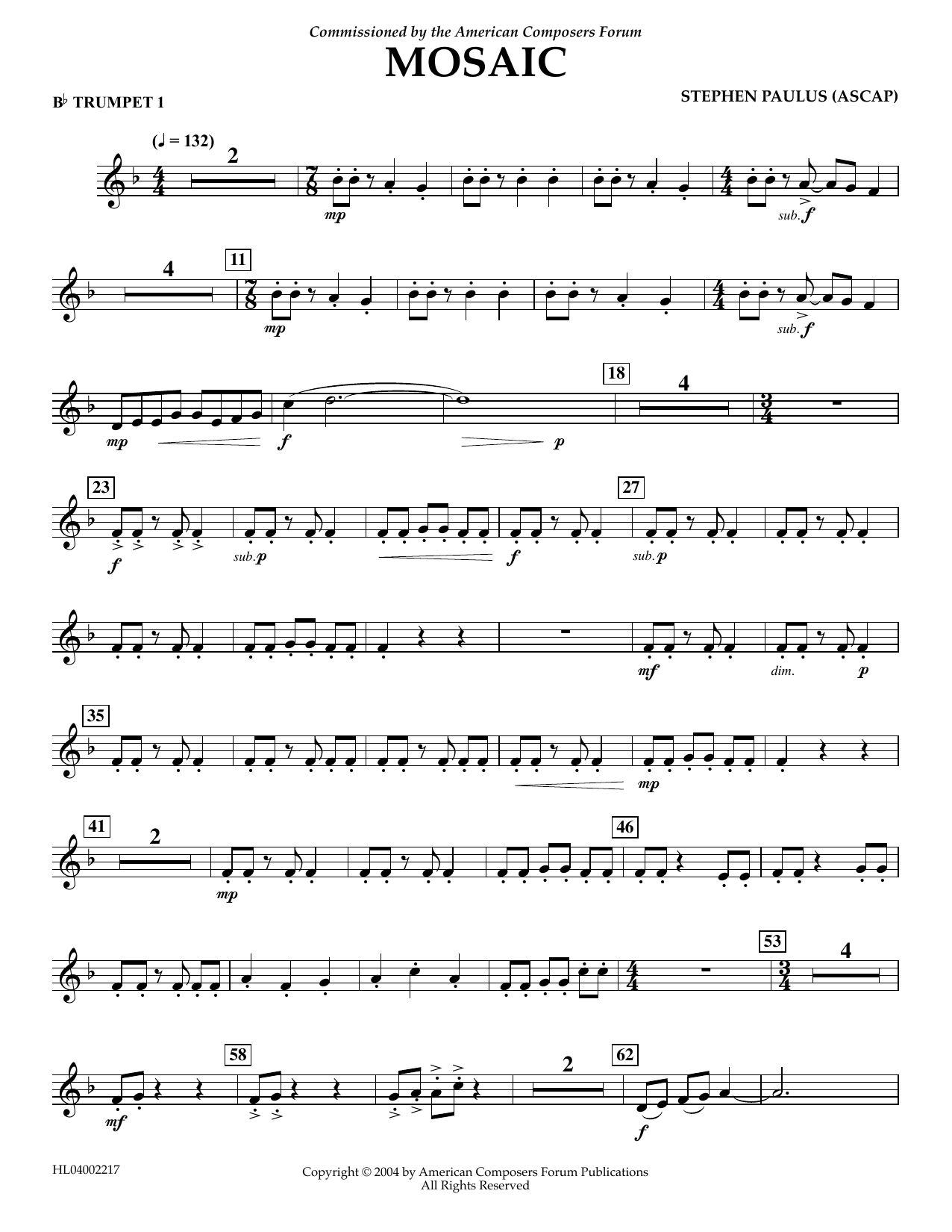 Download Stephen Paulus Mosaic - Bb Trumpet 1 Sheet Music and learn how to play Concert Band PDF digital score in minutes
