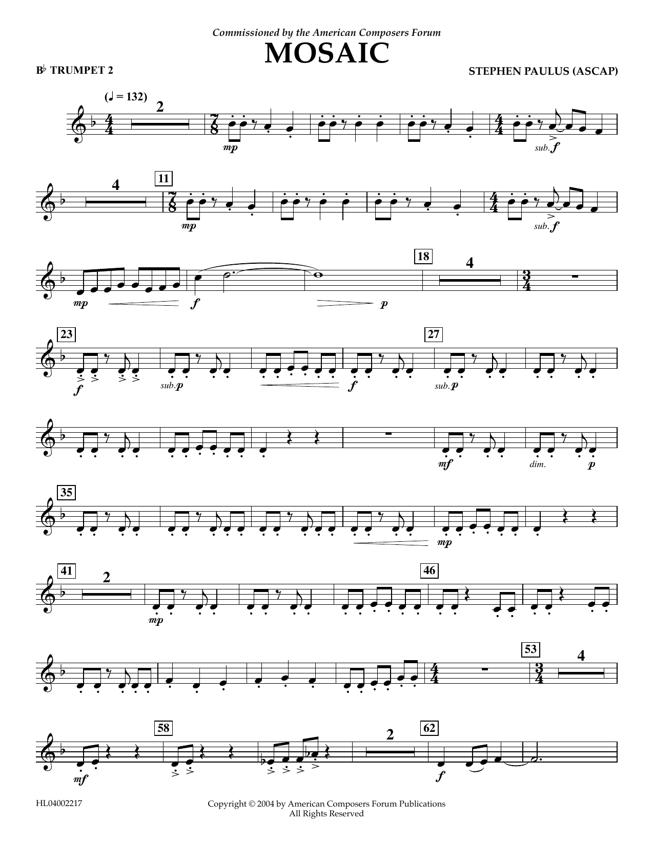Download Stephen Paulus Mosaic - Bb Trumpet 2 Sheet Music and learn how to play Concert Band PDF digital score in minutes