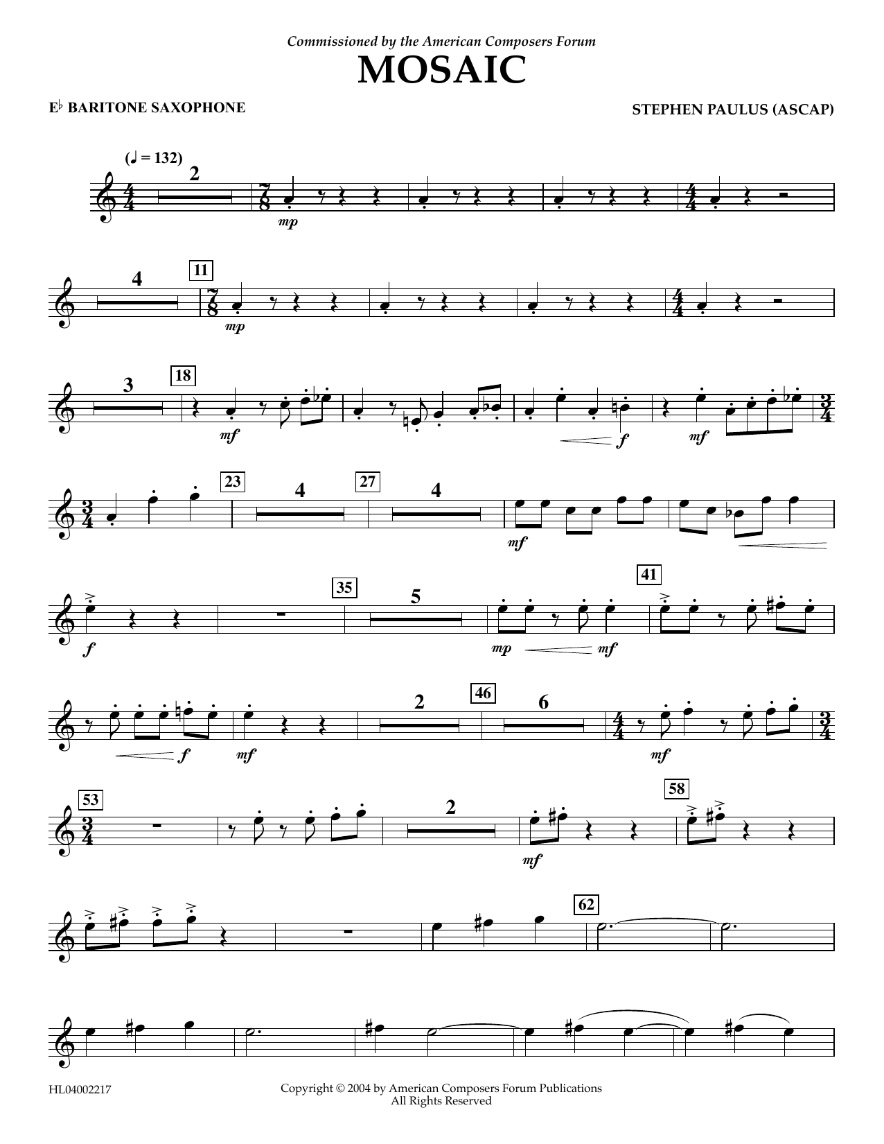 Download Stephen Paulus Mosaic - Eb Baritone Saxophone Sheet Music and learn how to play Concert Band PDF digital score in minutes