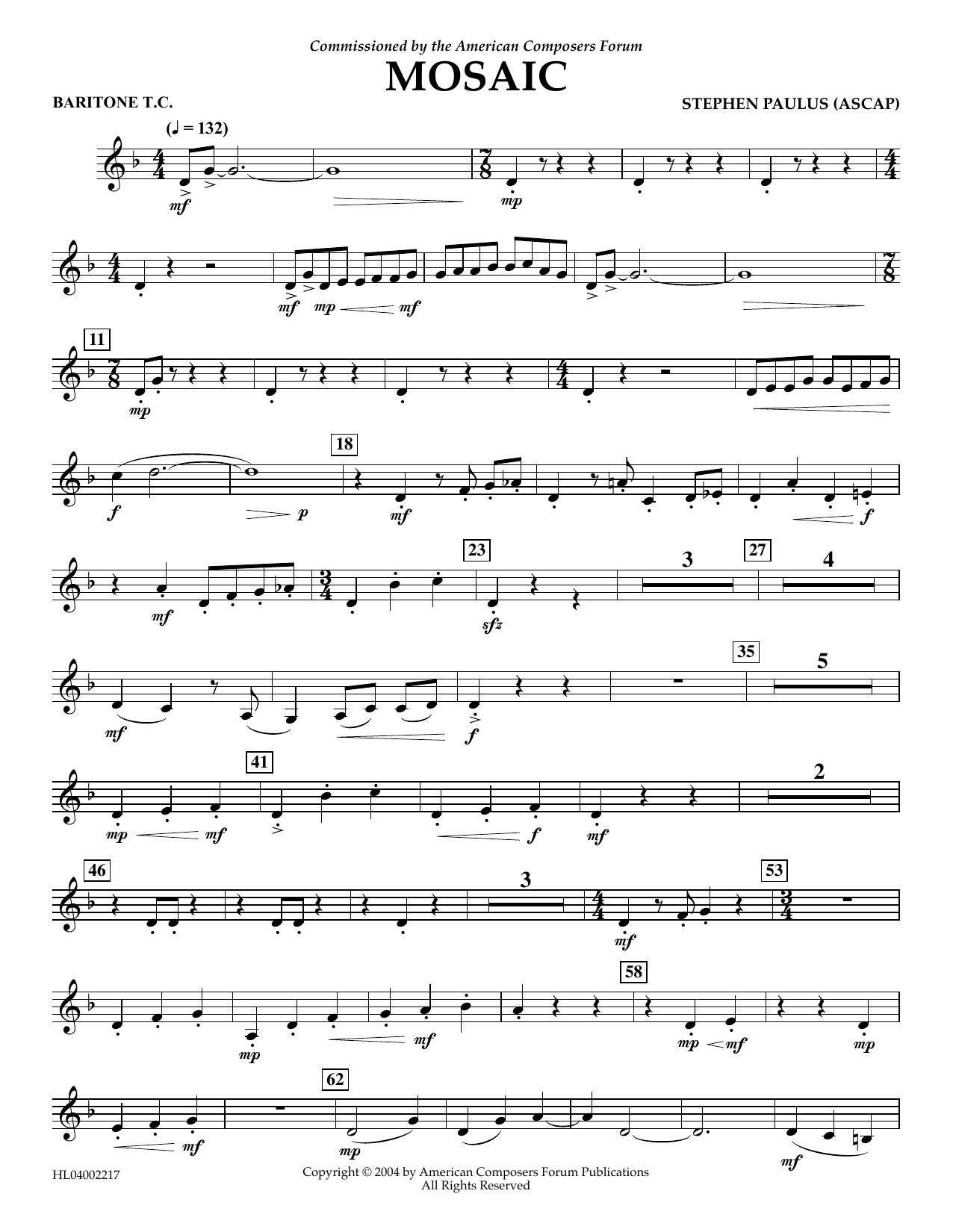 Download Stephen Paulus Mosaic - Euphonium in Treble Clef Sheet Music and learn how to play Concert Band PDF digital score in minutes