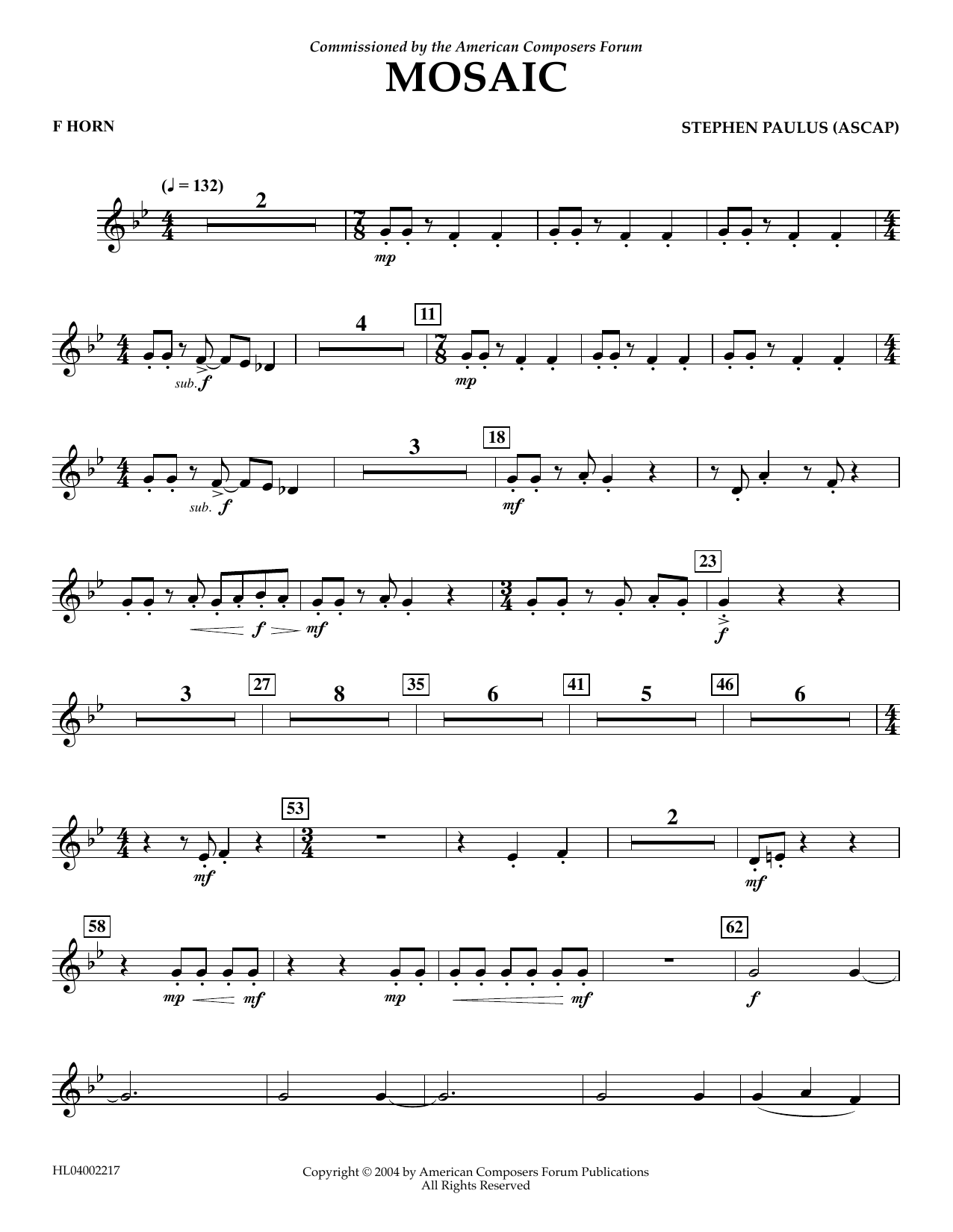 Download Stephen Paulus Mosaic - F Horn Sheet Music and learn how to play Concert Band PDF digital score in minutes