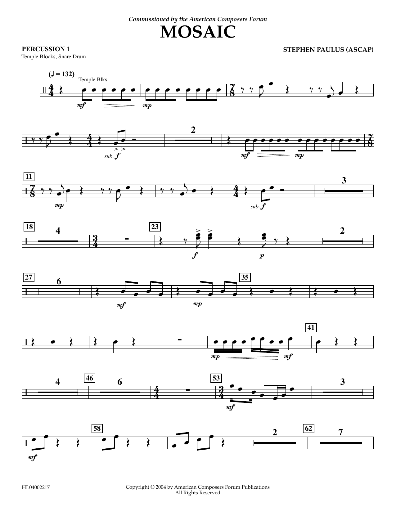 Download Stephen Paulus Mosaic - Percussion 1 Sheet Music and learn how to play Concert Band PDF digital score in minutes