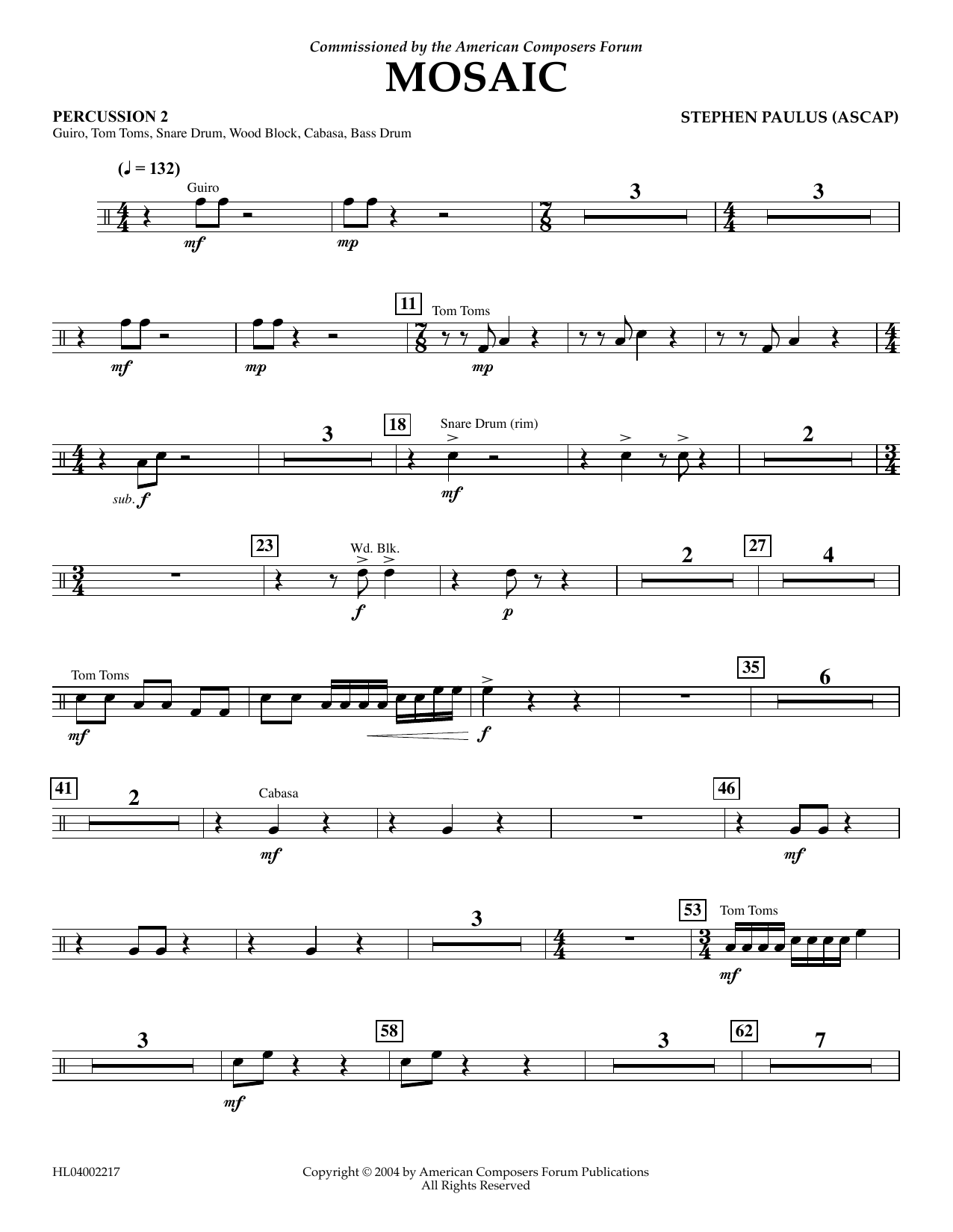 Download Stephen Paulus Mosaic - Percussion 2 Sheet Music and learn how to play Concert Band PDF digital score in minutes