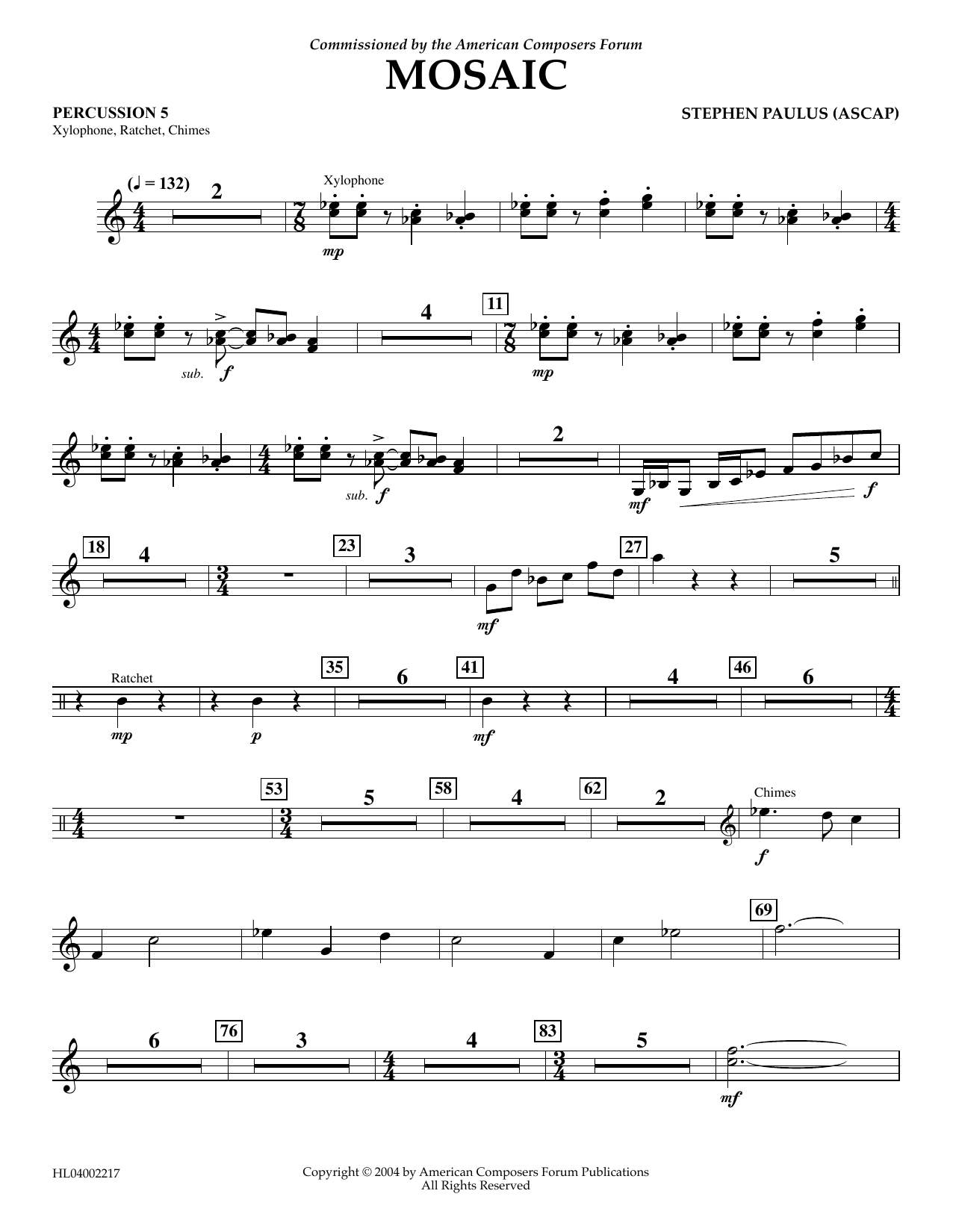Download Stephen Paulus Mosaic - Percussion 5 Sheet Music and learn how to play Concert Band PDF digital score in minutes