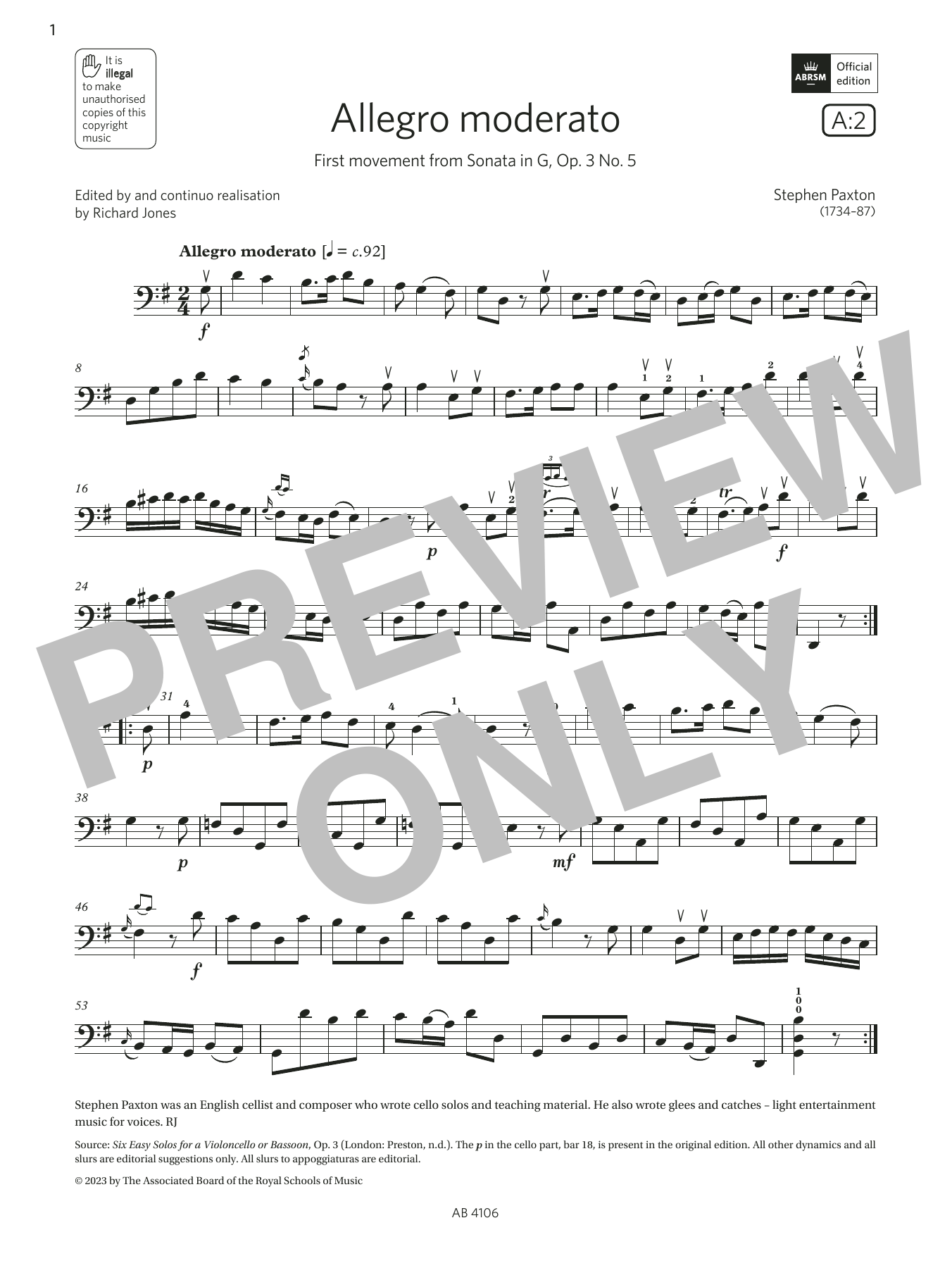 Download Stephen Paxton Allegro moderato (Grade 3, A2, from the ABRSM Cello Syllabus from 2024) Sheet Music and learn how to play Cello Solo PDF digital score in minutes
