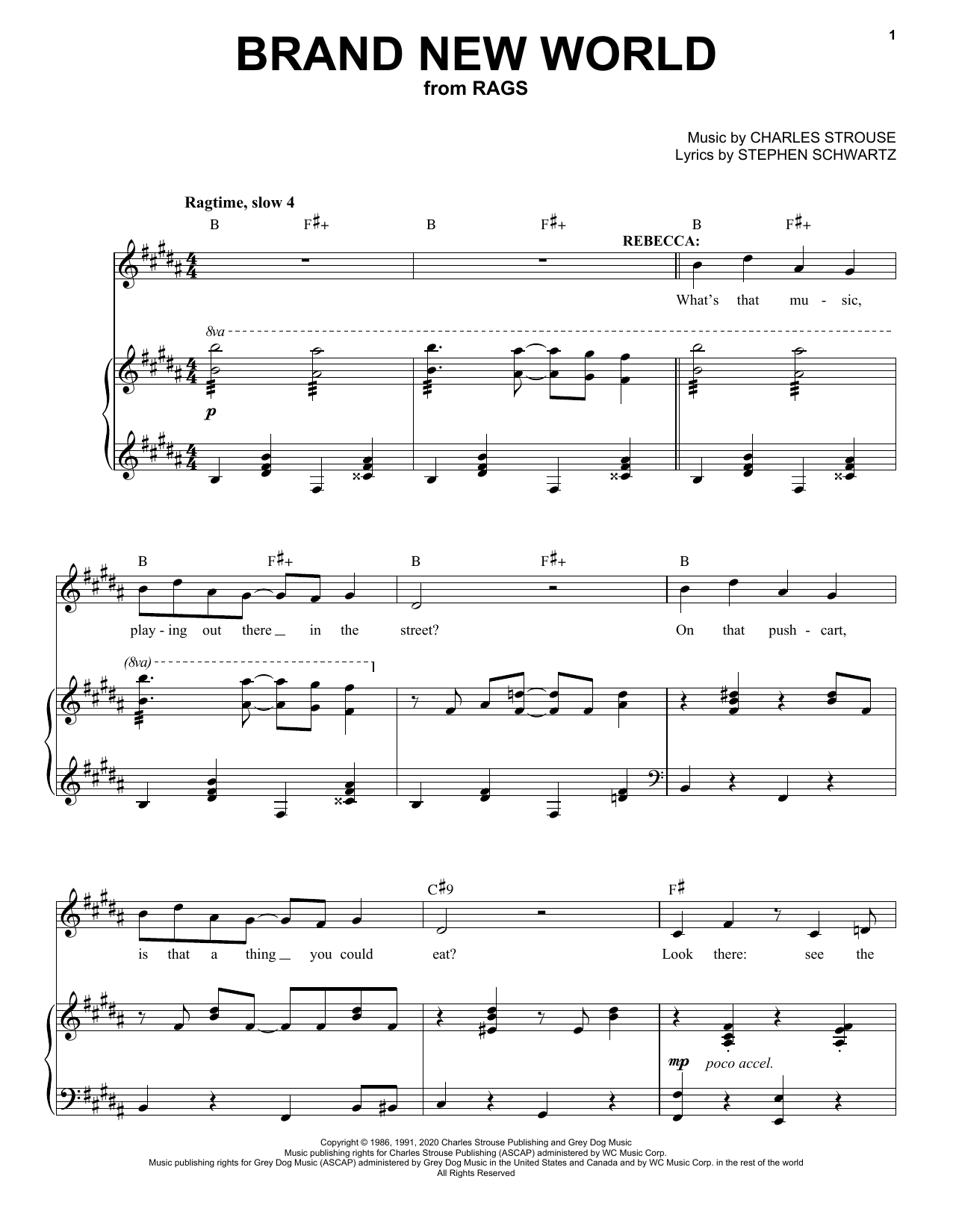 Download Stephen Schwartz & Charles Strouse Brand New World (from Rags: The Musical) Sheet Music and learn how to play Piano & Vocal PDF digital score in minutes