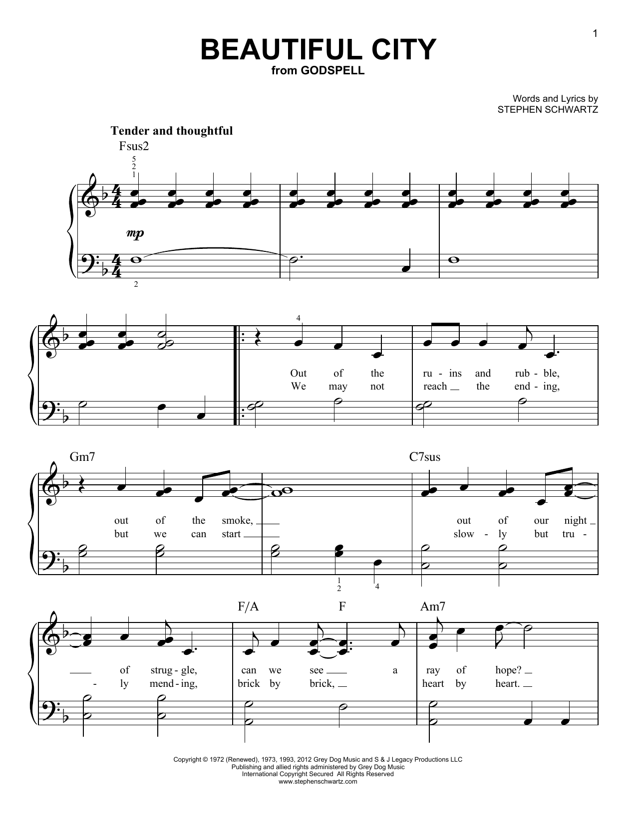 Download Stephen Schwartz Beautiful City (from Godspell) Sheet Music and learn how to play Very Easy Piano PDF digital score in minutes