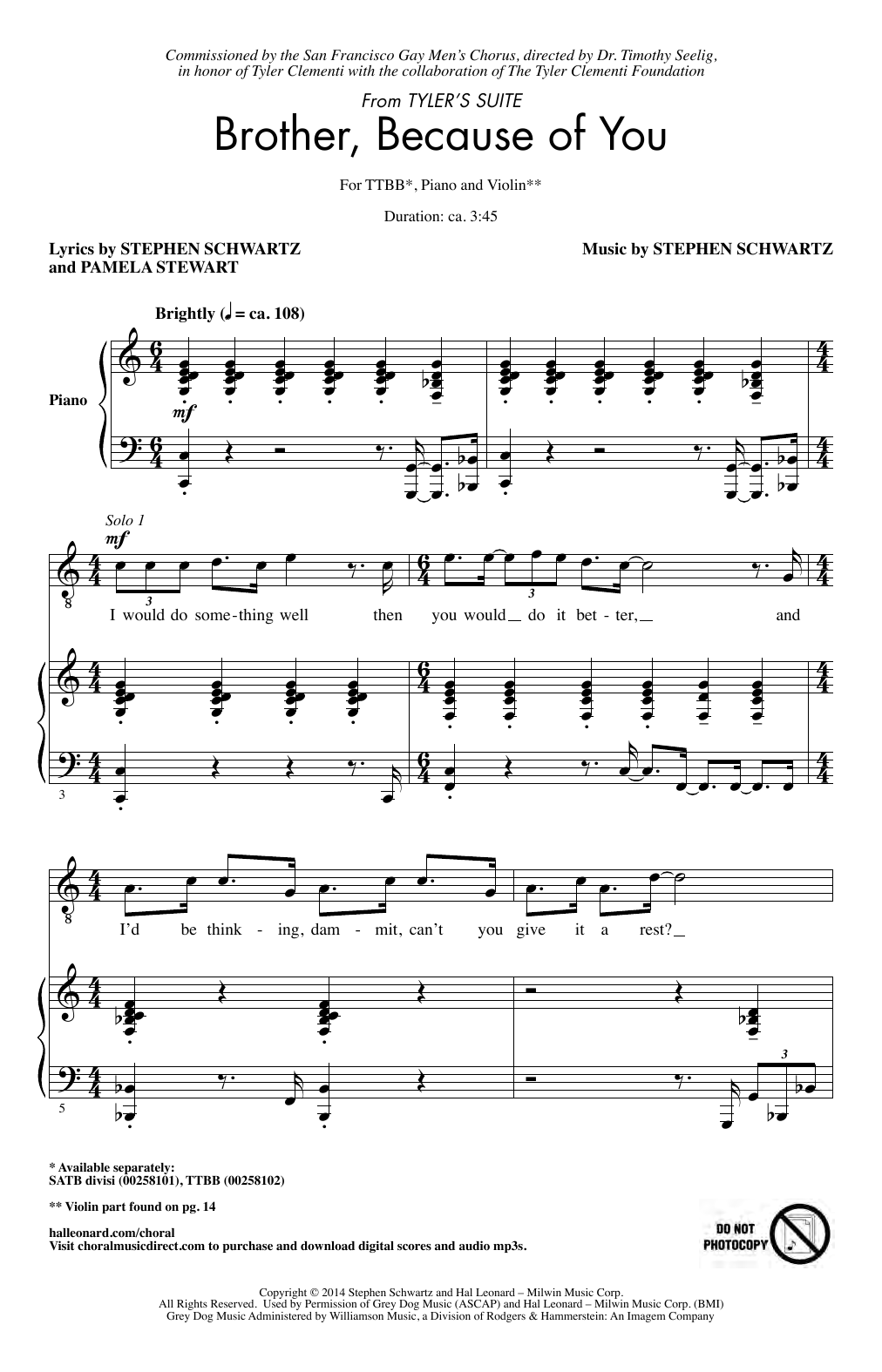 Download Stephen Schwartz Brother, Because Of You (from Tyler's Suite) (Arr. Sarsony) Sheet Music and learn how to play TTBB Choir PDF digital score in minutes